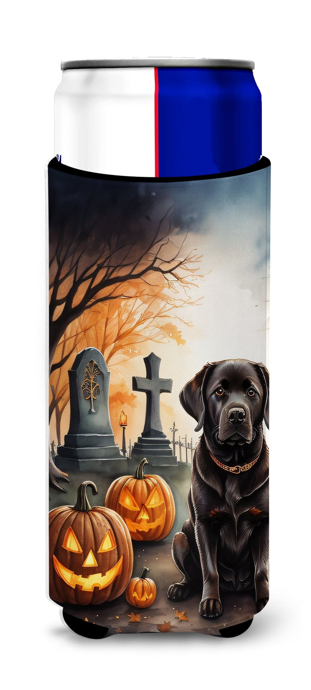 Chocolate Labrador Retriever Spooky Halloween Slim Can Hugger , Insulated Foam Hugger for 12 oz Slim Cans, Beer Bottles & Water Bottles, Printed in USA