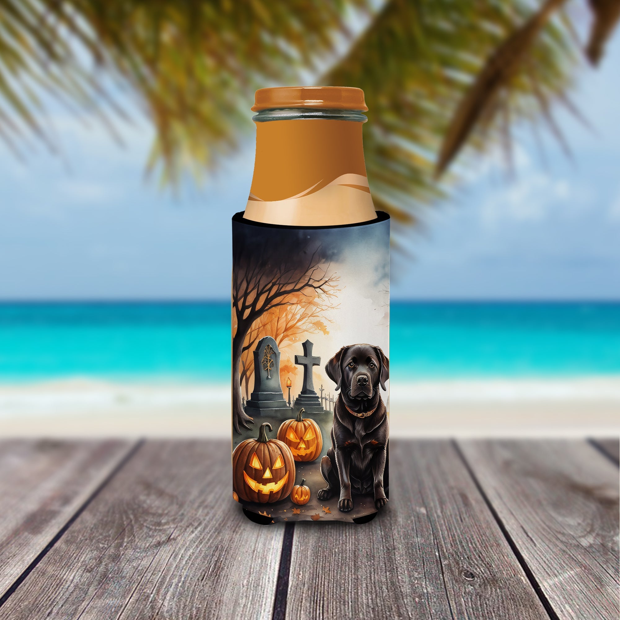 Chocolate Labrador Retriever Spooky Halloween Slim Can Hugger , Insulated Foam Hugger for 12 oz Slim Cans, Beer Bottles & Water Bottles, Printed in USA