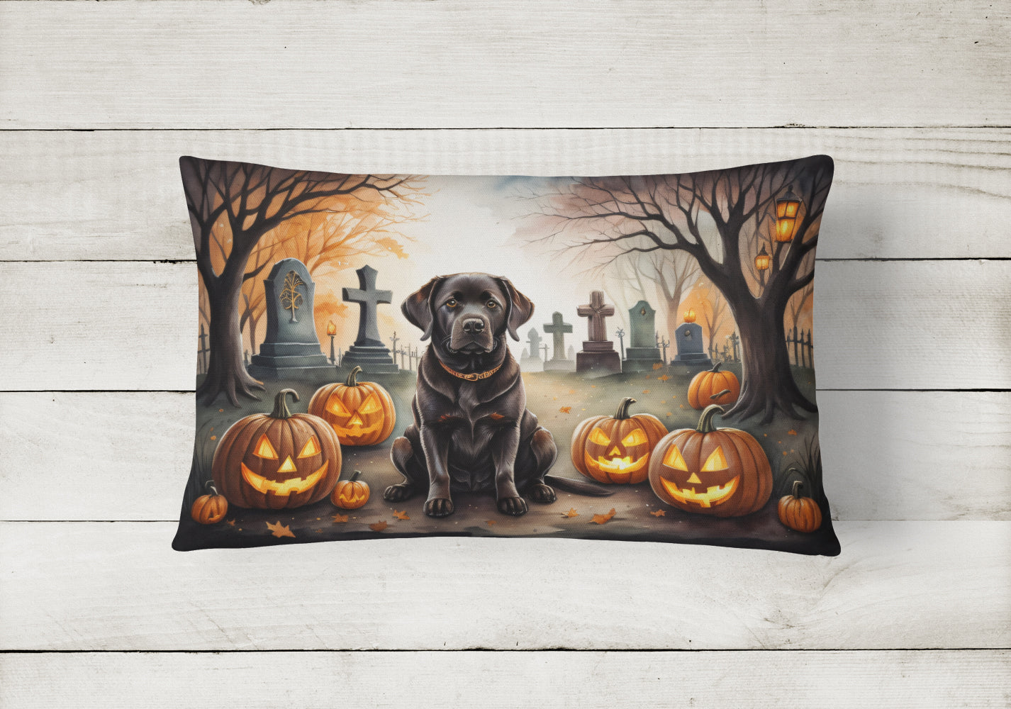 Chocolate Labrador Retriever Spooky Halloween Decorative Throw Pillow 12x16 Indoor Outdoor Accent Cushion, Fabric Cover with Insert for Sofa, Bed, Porch & Living Room