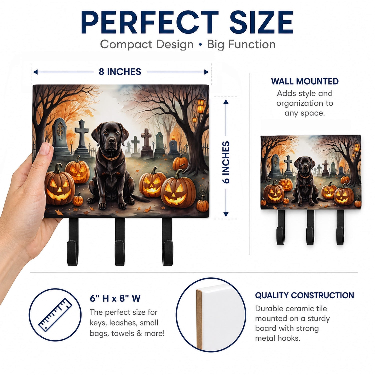 Chocolate Labrador Retriever Spooky Halloween Leash or Key Holder Wall Hooks, Coat Rack Wall Mount, for Hanging Keys, Towels, Aprons, Leashes