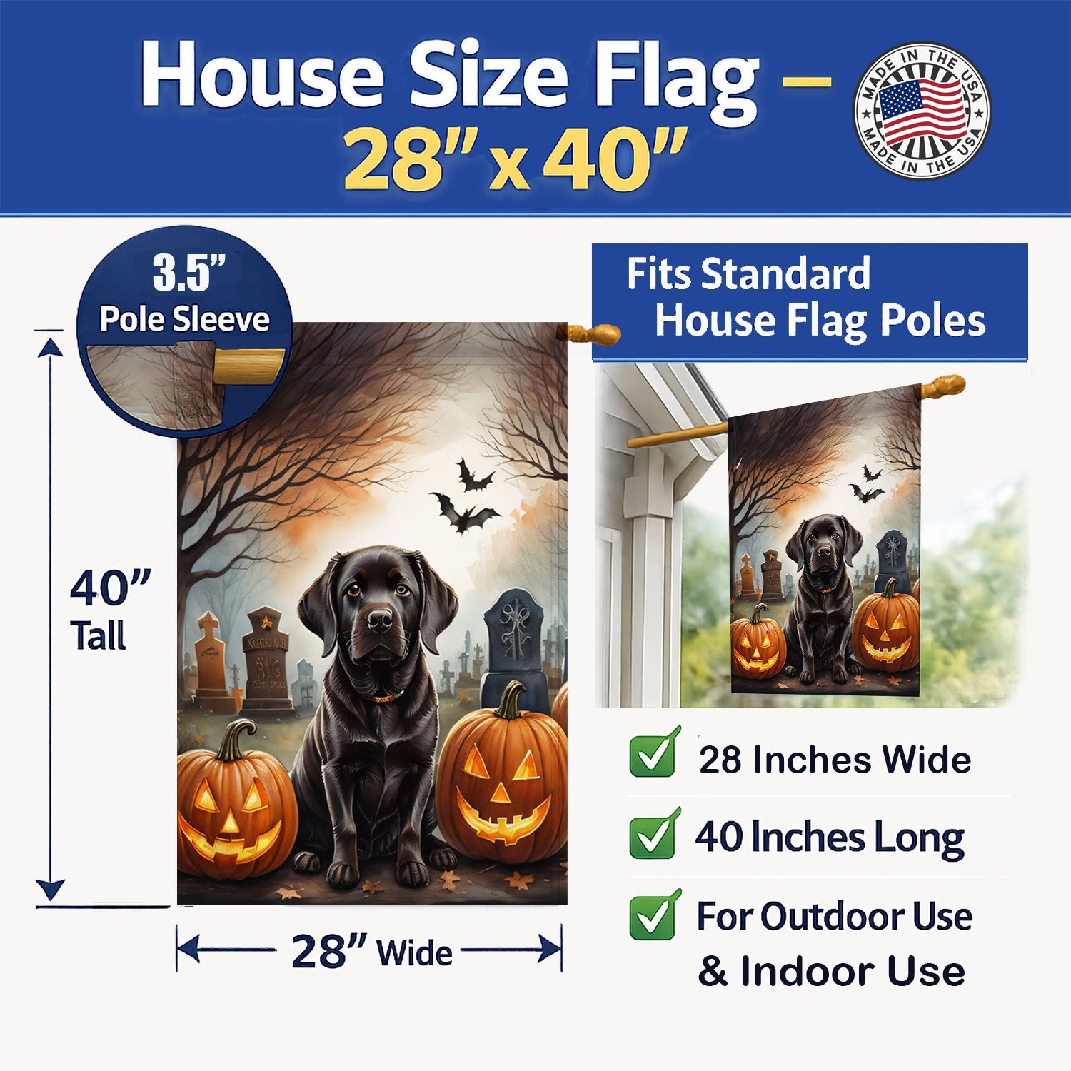 Chocolate Labrador Retriever Spooky Halloween House Flag 28x40 Porch Sleeve Pole Decorative Outside Yard Banner Artwork Wall Hanging, Polyester