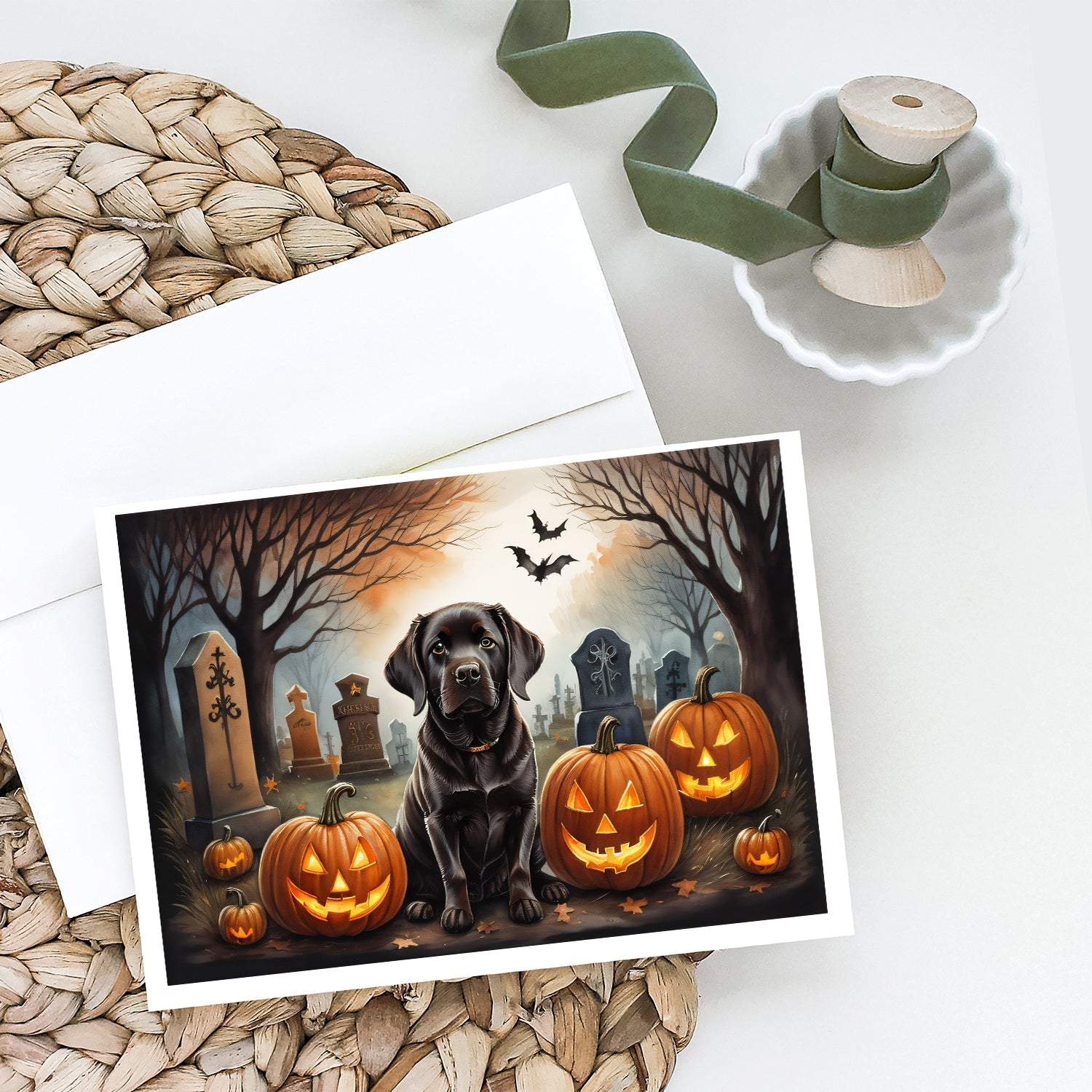 Chocolate Labrador Retriever Spooky Halloween Greeting Cards Pack of 8 Blank Cards with Envelopes Whimsical A7 Size 5x7