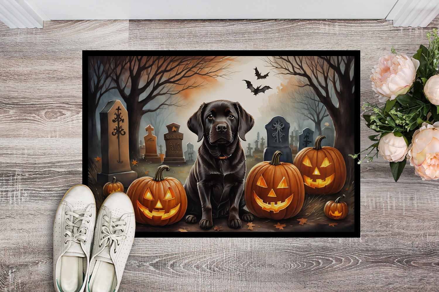 Chocolate Labrador Retriever Spooky Halloween Doormat Indoor Outdoor 24H X 36W Front Door Mat Rugs for Entryway, Non Slip Washable Low Pile,