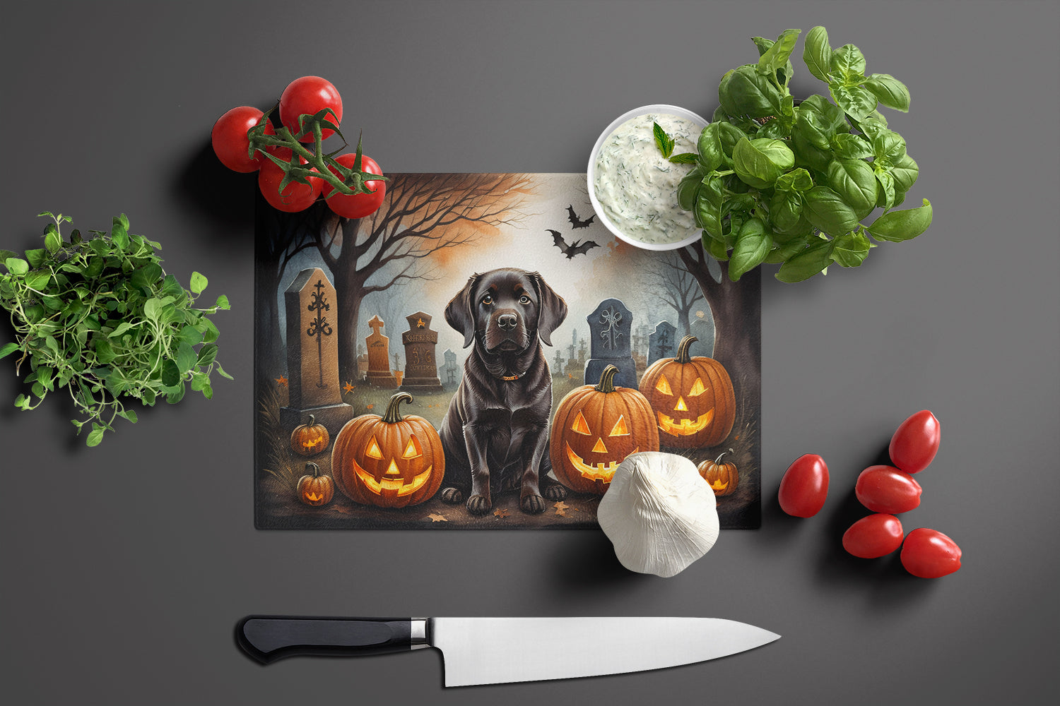 Chocolate Labrador Retriever Spooky Halloween Cutting Board Tempered Glass Kitchen Cutting Surface, Heat Resistant Chopping, Non-Slip Feet, Food Prep & Serving