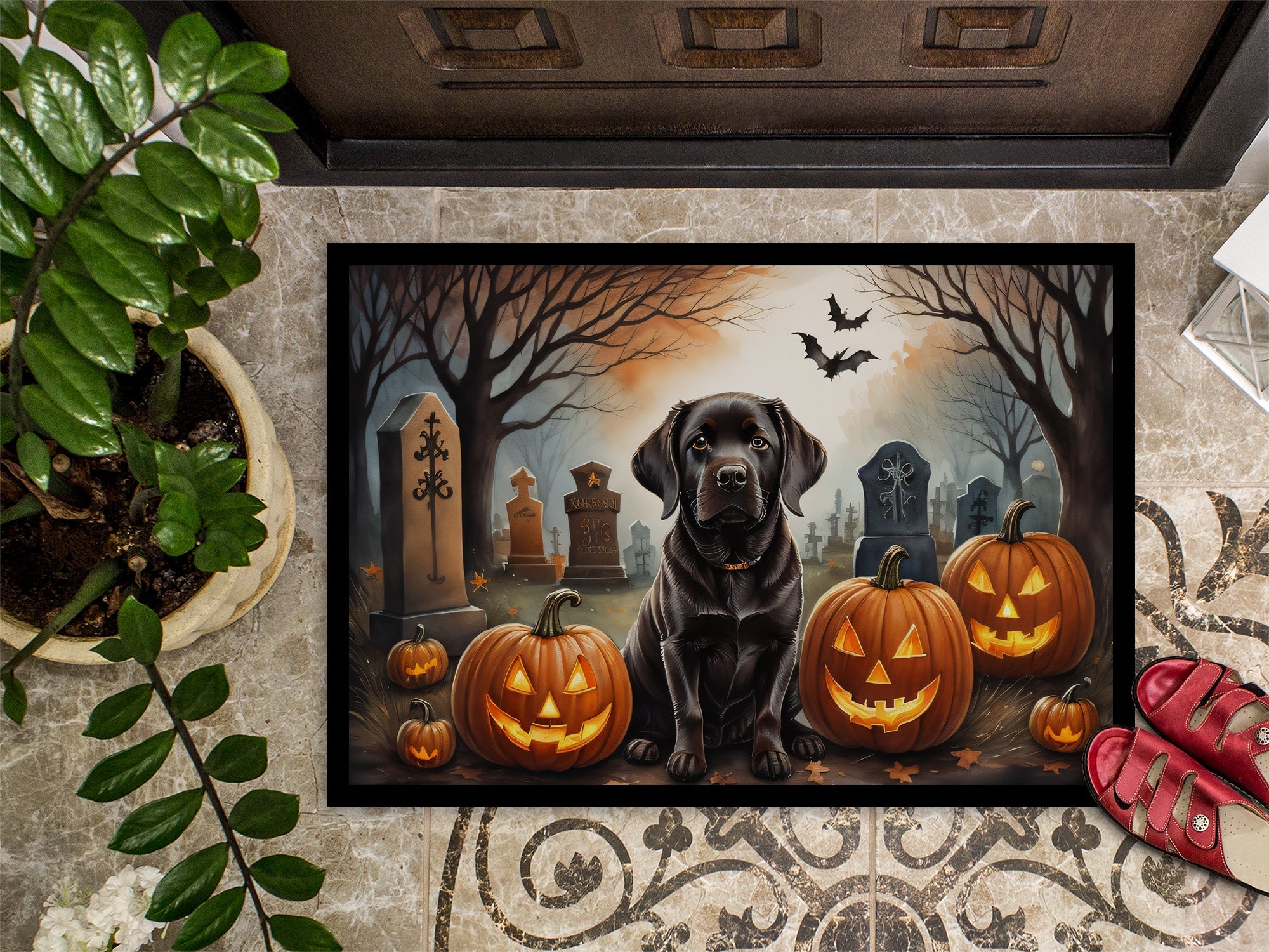 Chocolate Labrador Retriever Spooky Halloween Doormat Indoor Outdoor 18H X 27W Front Door Mat Rugs for Entryway, Non Slip Washable
