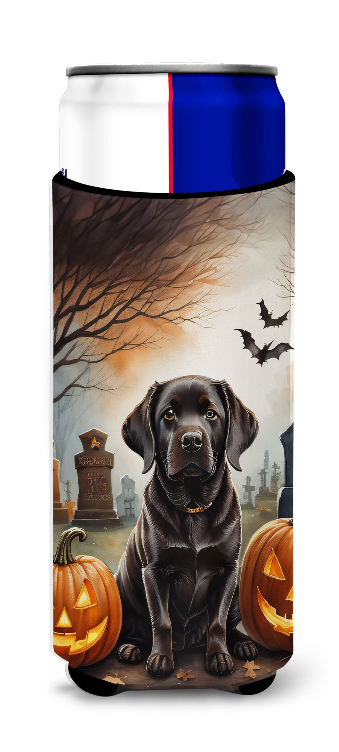 Chocolate Labrador Retriever Spooky Halloween Slim Can Hugger , Insulated Foam Hugger for 12 oz Slim Cans, Beer Bottles & Water Bottles, Printed in USA