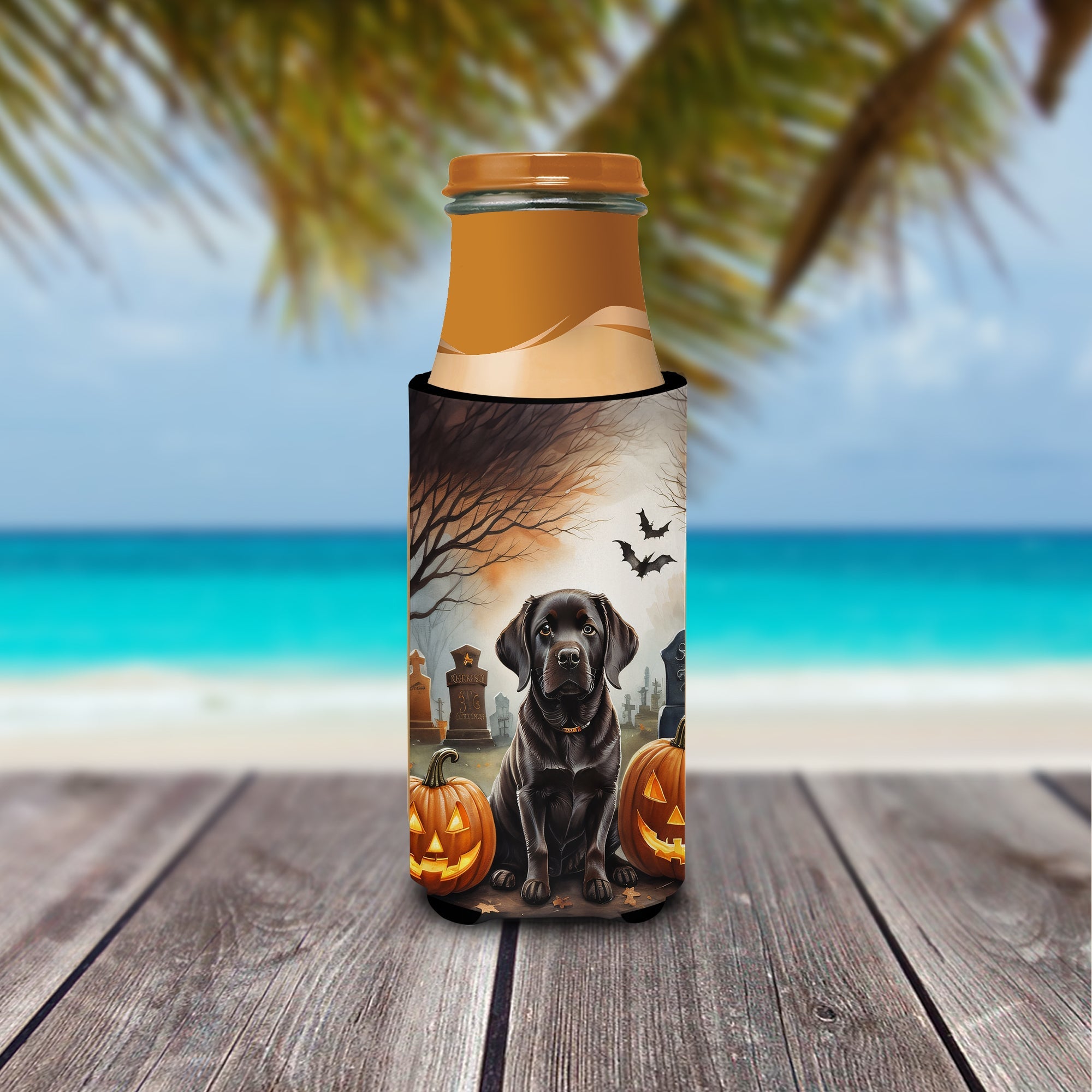 Chocolate Labrador Retriever Spooky Halloween Slim Can Hugger , Insulated Foam Hugger for 12 oz Slim Cans, Beer Bottles & Water Bottles, Printed in USA