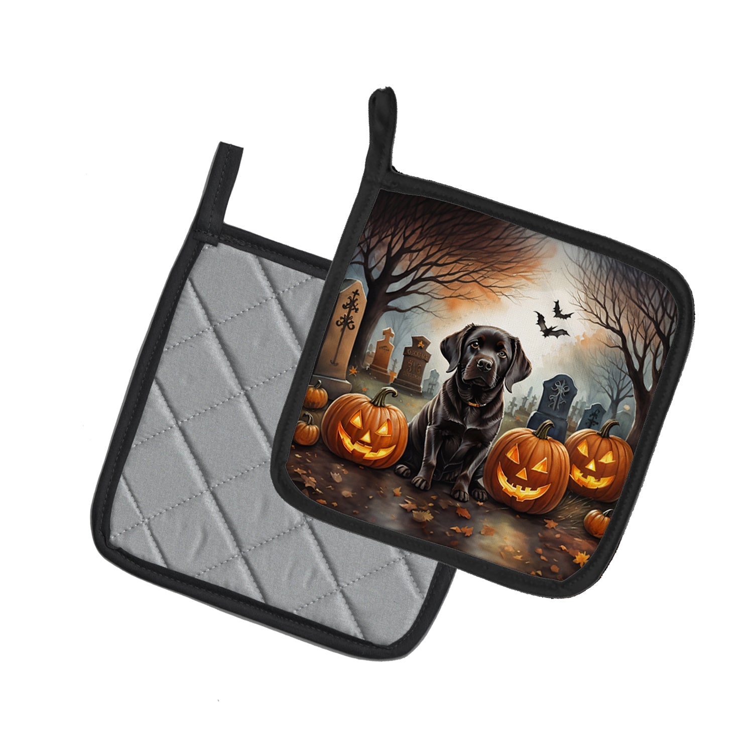 Chocolate Labrador Retriever Spooky Halloween Pot Holder Set of 2 Heat Resistant Quilted Hot Pads 7.5 x 7.5 Inch, Insulated Kitchen Trivets for Cooking & Baking