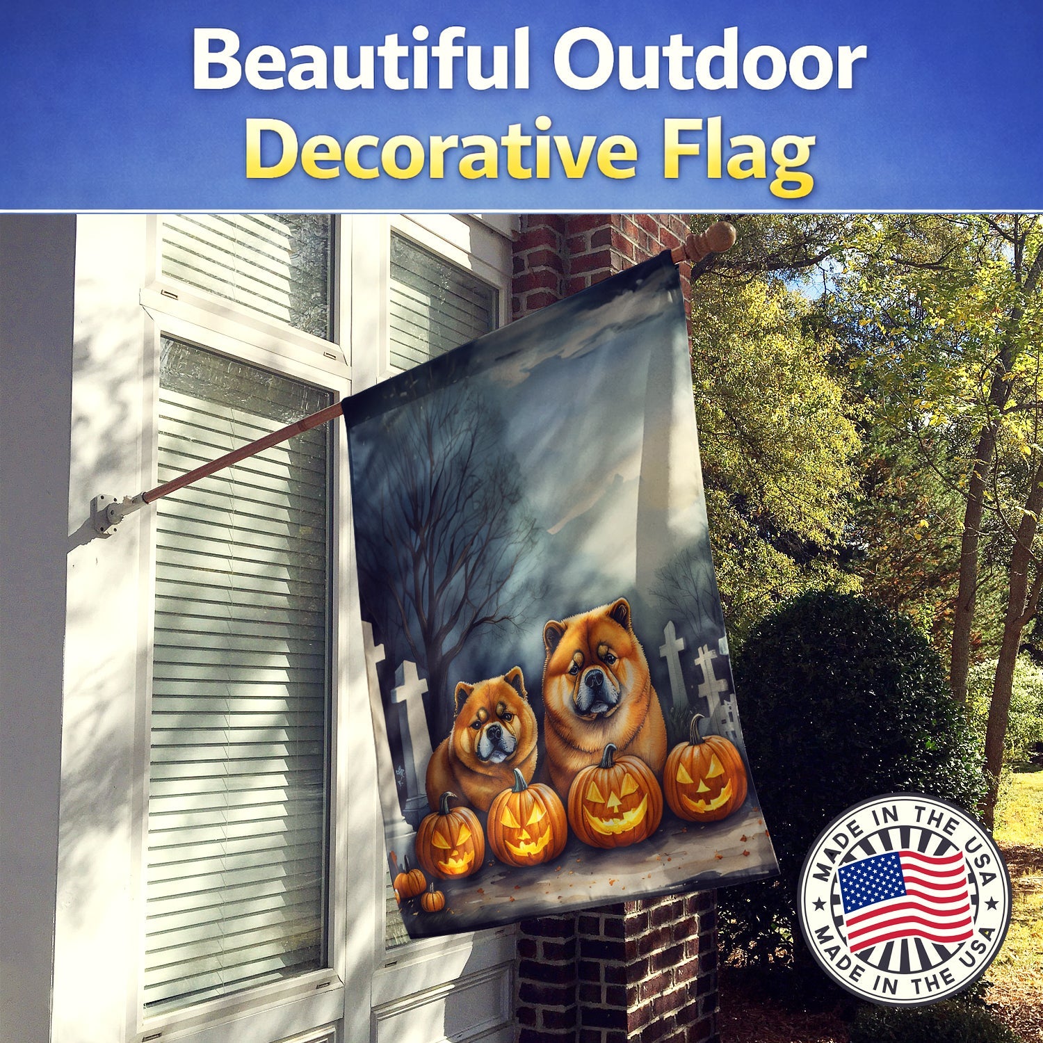 Chow Chow Spooky Halloween House Flag 28x40 Porch Sleeve Pole Decorative Outside Yard Banner Artwork Wall Hanging, Polyester