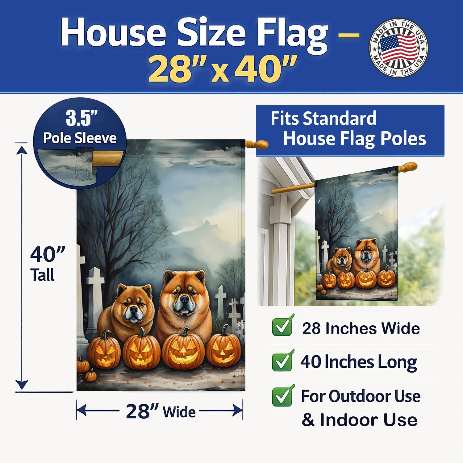 Chow Chow Spooky Halloween House Flag 28x40 Porch Sleeve Pole Decorative Outside Yard Banner Artwork Wall Hanging, Polyester