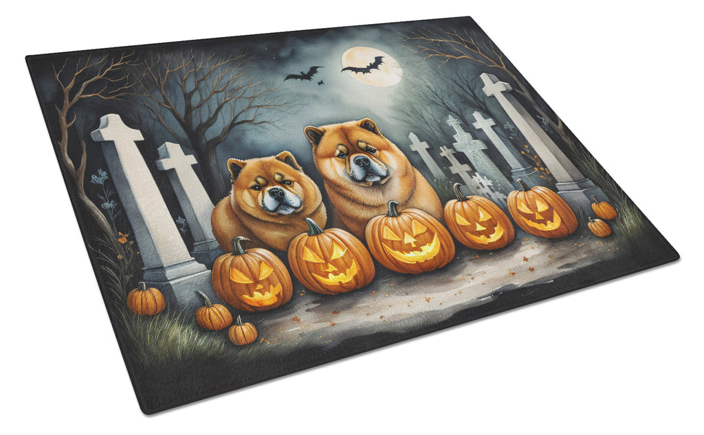Chow Chow Spooky Halloween Cutting Board Tempered Glass Kitchen Cutting Surface, Heat Resistant Chopping, Non-Slip Feet, Food Prep & Serving