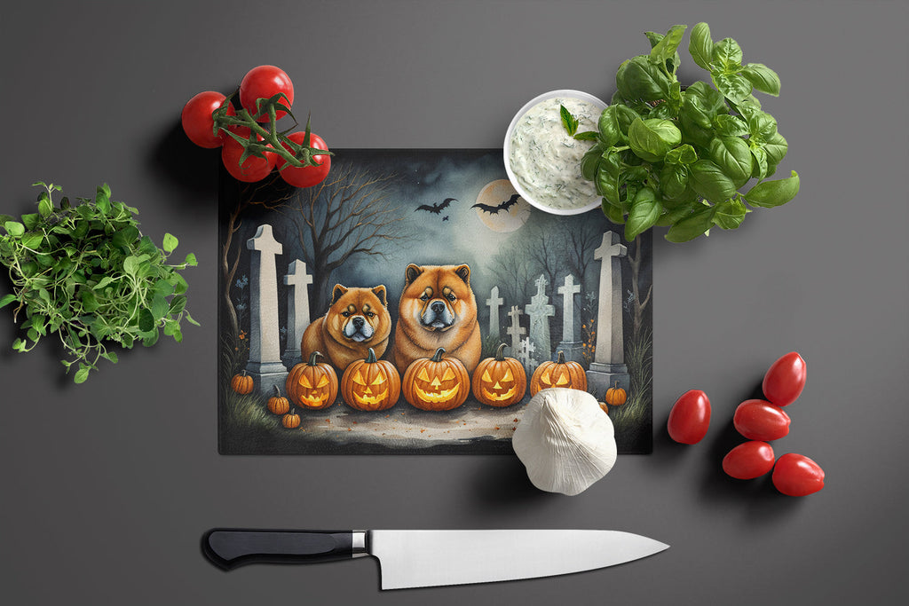 Chow Chow Spooky Halloween Cutting Board Tempered Glass Kitchen Cutting Surface, Heat Resistant Chopping, Non-Slip Feet, Food Prep & Serving