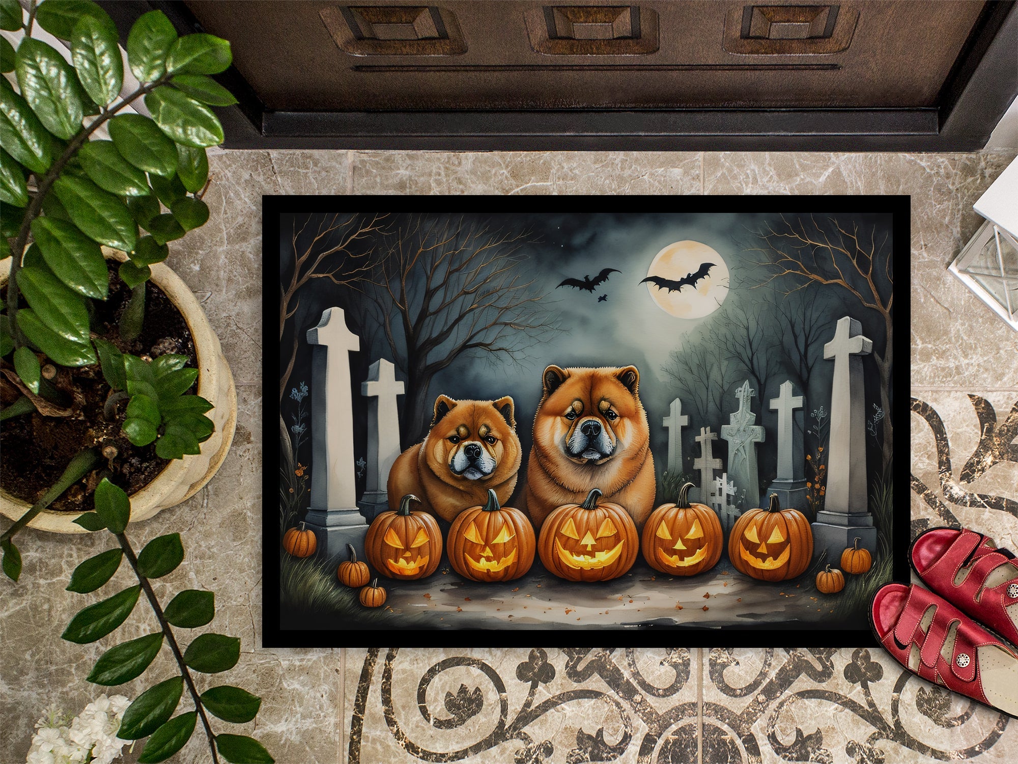 Chow Chow Spooky Halloween Doormat Indoor Outdoor 18H X 27W Front Door Mat Rugs for Entryway, Non Slip Washable