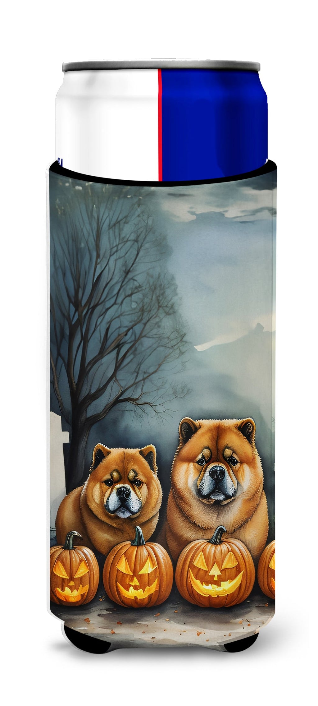 Chow Chow Spooky Halloween Slim Can Hugger , Insulated Foam Hugger for 12 oz Slim Cans, Beer Bottles & Water Bottles, Printed in USA
