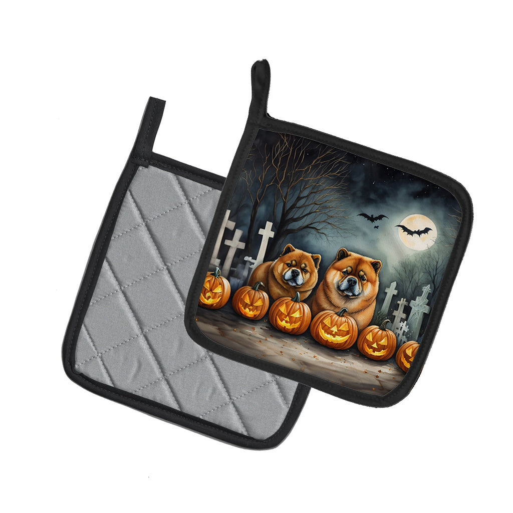 Chow Chow Spooky Halloween Pot Holder Set of 2 Heat Resistant Quilted Hot Pads 7.5 x 7.5 Inch, Insulated Kitchen Trivets for Cooking & Baking