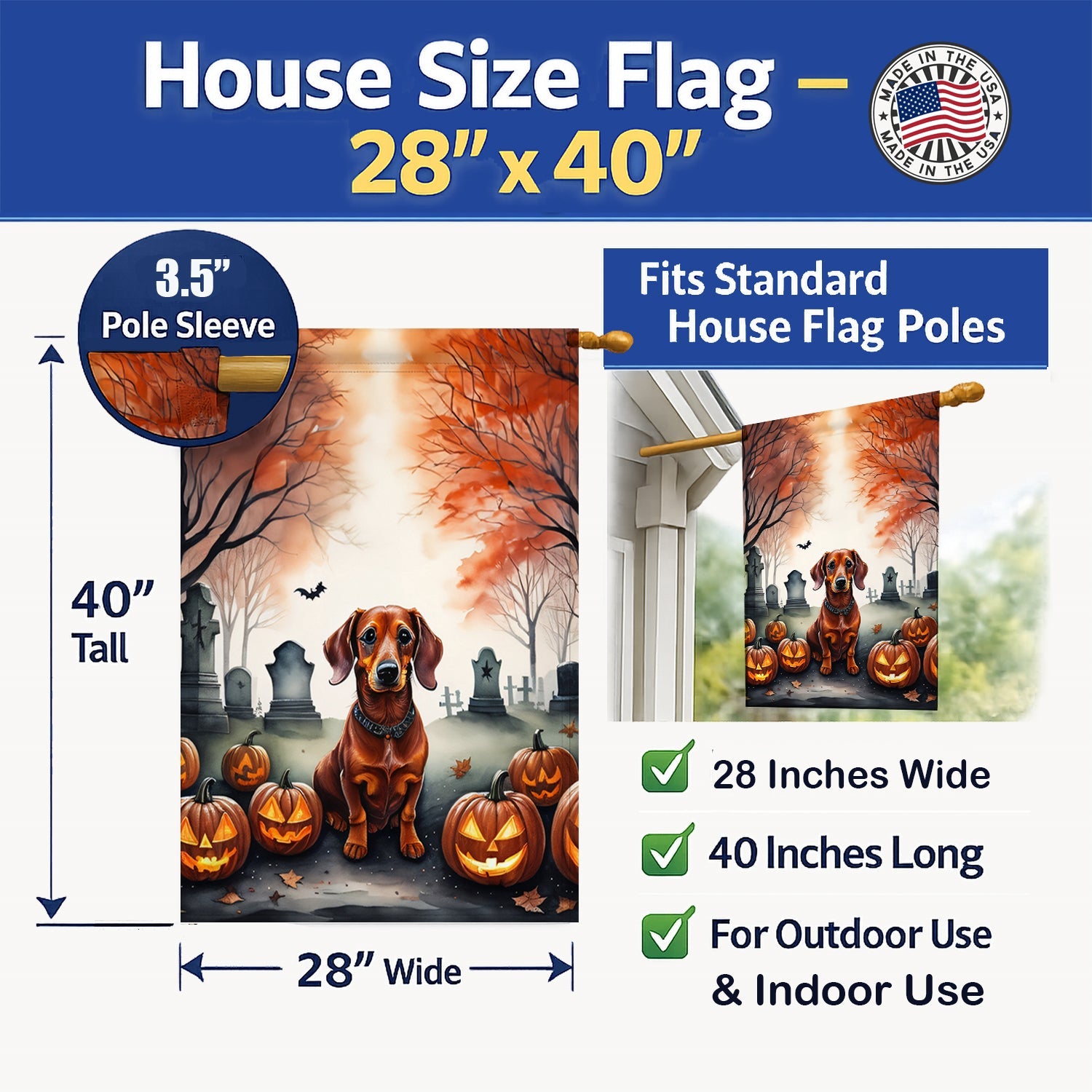 Dachshund Spooky Halloween House Flag 28x40 Porch Sleeve Pole Decorative Outside Yard Banner Artwork Wall Hanging, Polyester