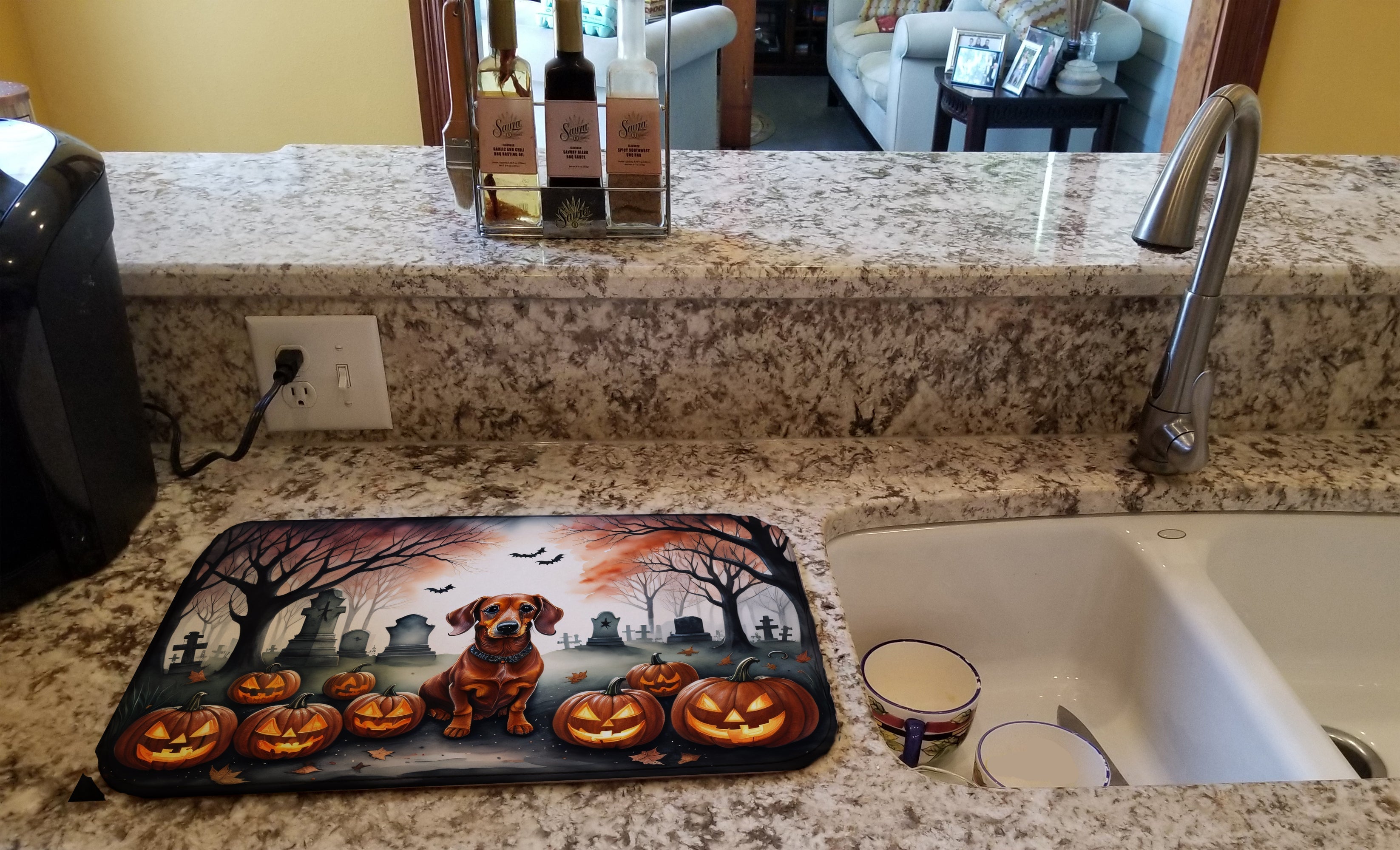 Dachshund Spooky Halloween Dish Drying Mat Absorbent Dish Drying Mat Pad for Kitchen Counter Dish Drainer Mat for Countertop, 14 x 21", Multicolor