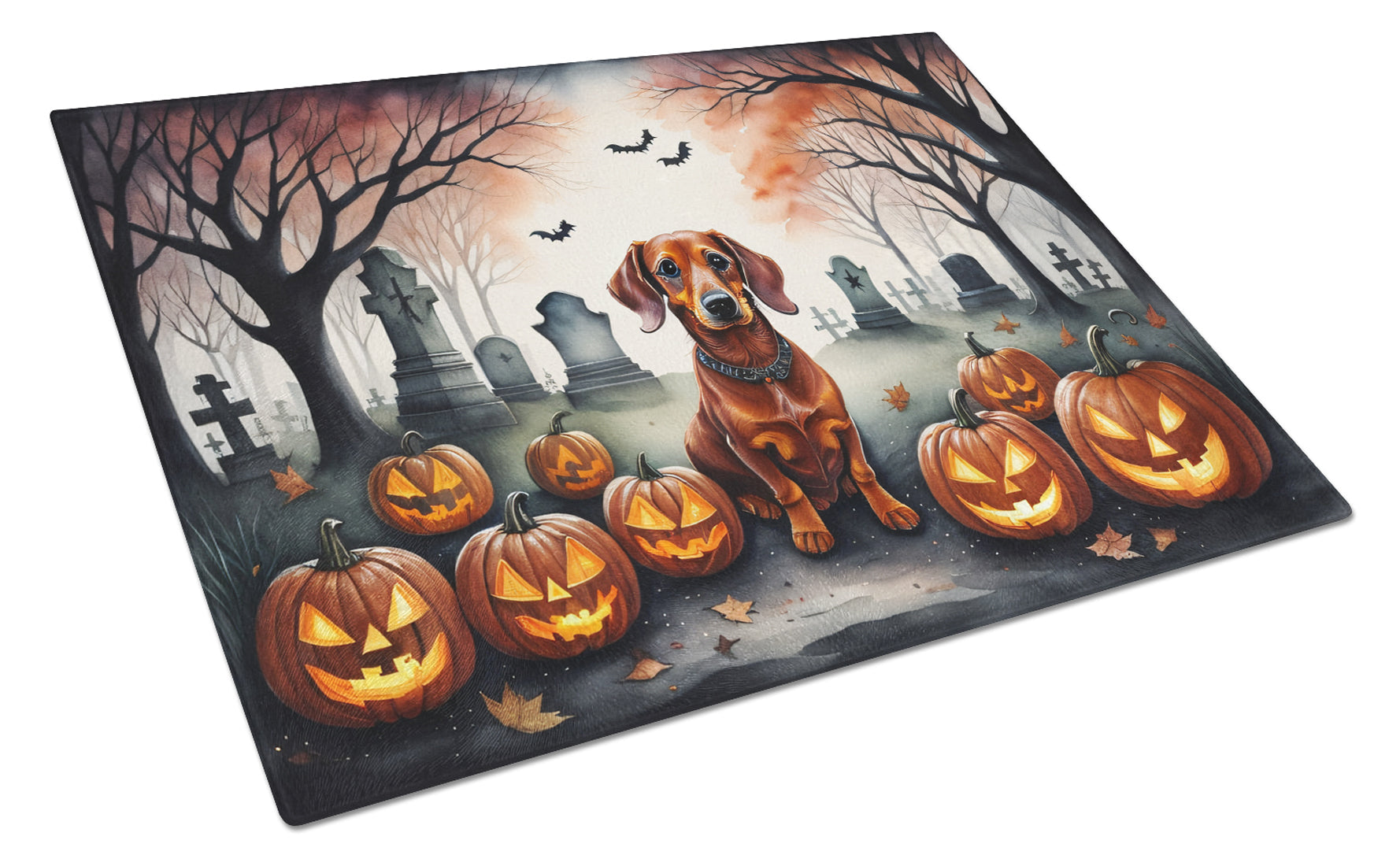 Dachshund Spooky Halloween Cutting Board Tempered Glass Kitchen Cutting Surface, Heat Resistant Chopping, Non-Slip Feet, Food Prep & Serving