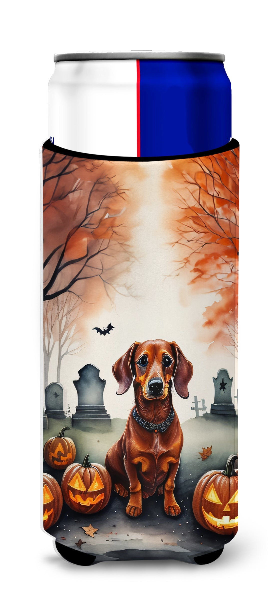 Dachshund Spooky Halloween Slim Can Hugger , Insulated Foam Hugger for 12 oz Slim Cans, Beer Bottles & Water Bottles, Printed in USA