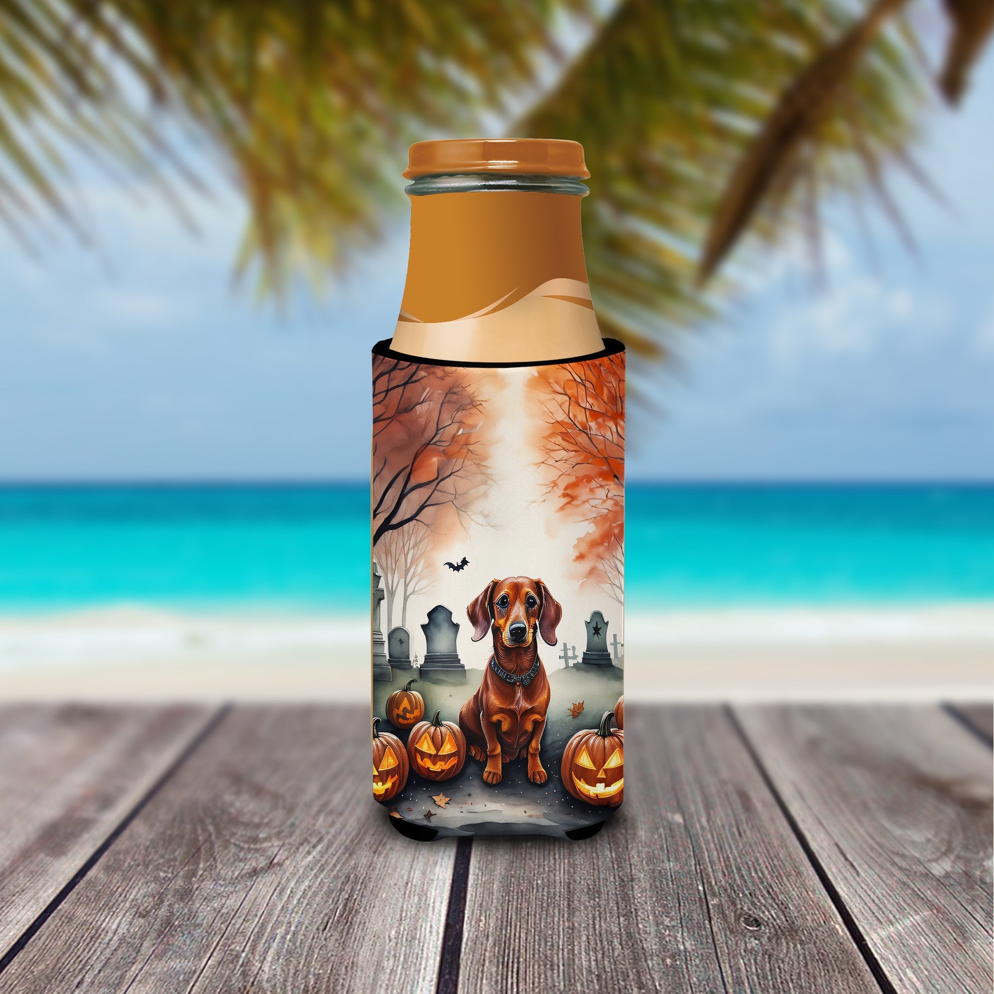 Dachshund Spooky Halloween Slim Can Hugger , Insulated Foam Hugger for 12 oz Slim Cans, Beer Bottles & Water Bottles, Printed in USA