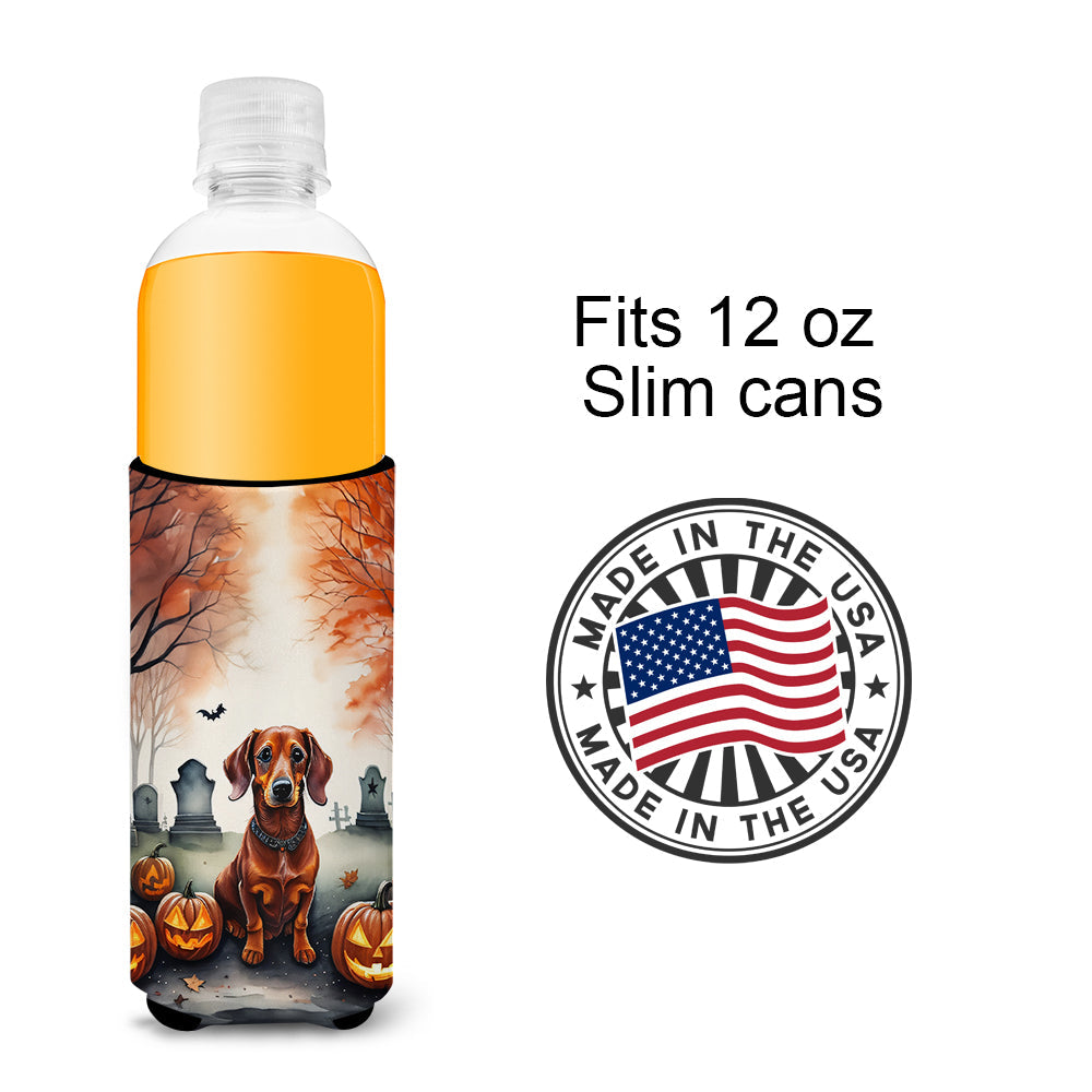 Dachshund Spooky Halloween Slim Can Hugger , Insulated Foam Hugger for 12 oz Slim Cans, Beer Bottles & Water Bottles, Printed in USA