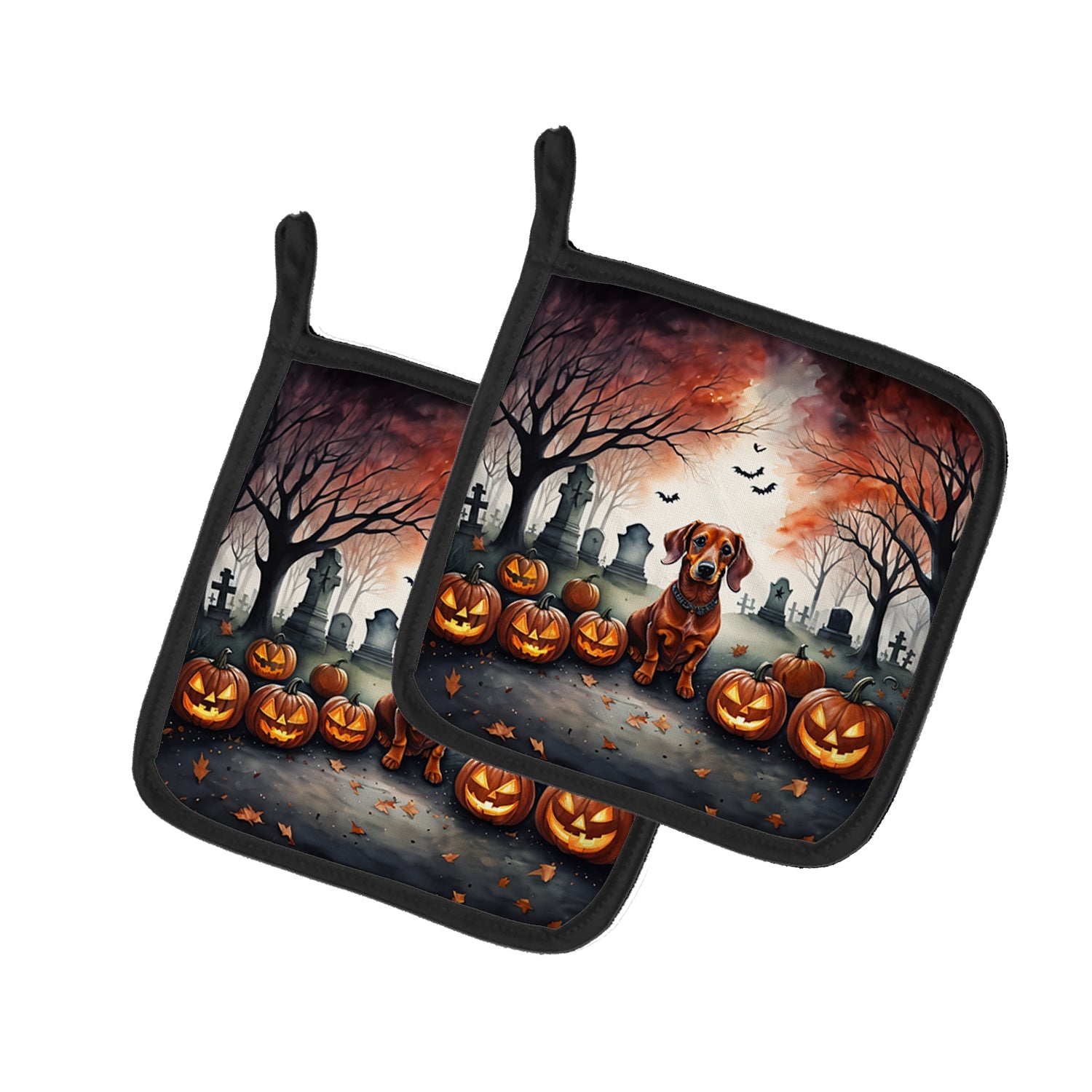 Dachshund Spooky Halloween Pot Holder Set of 2 Heat Resistant Quilted Hot Pads 7.5 x 7.5 Inch, Insulated Kitchen Trivets for Cooking & Baking