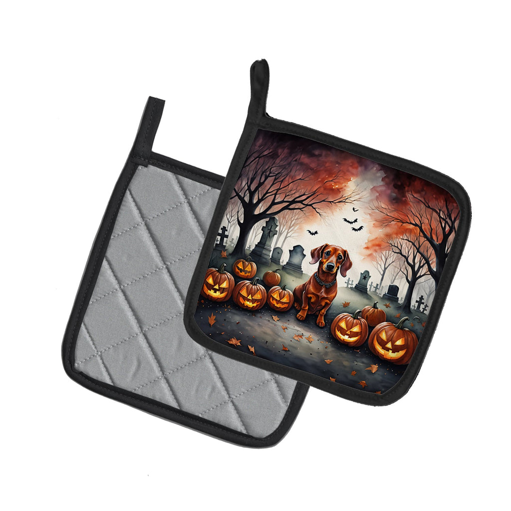 Dachshund Spooky Halloween Pot Holder Set of 2 Heat Resistant Quilted Hot Pads 7.5 x 7.5 Inch, Insulated Kitchen Trivets for Cooking & Baking