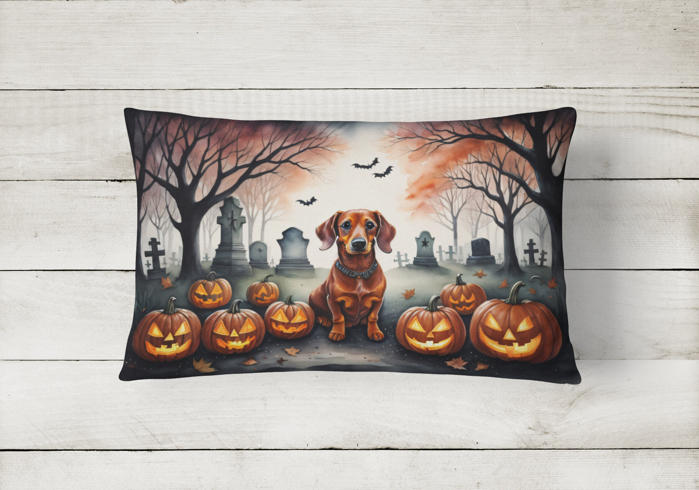 Dachshund Spooky Halloween Decorative Throw Pillow 12x16 Indoor Outdoor Accent Cushion, Fabric Cover with Insert for Sofa, Bed, Porch & Living Room