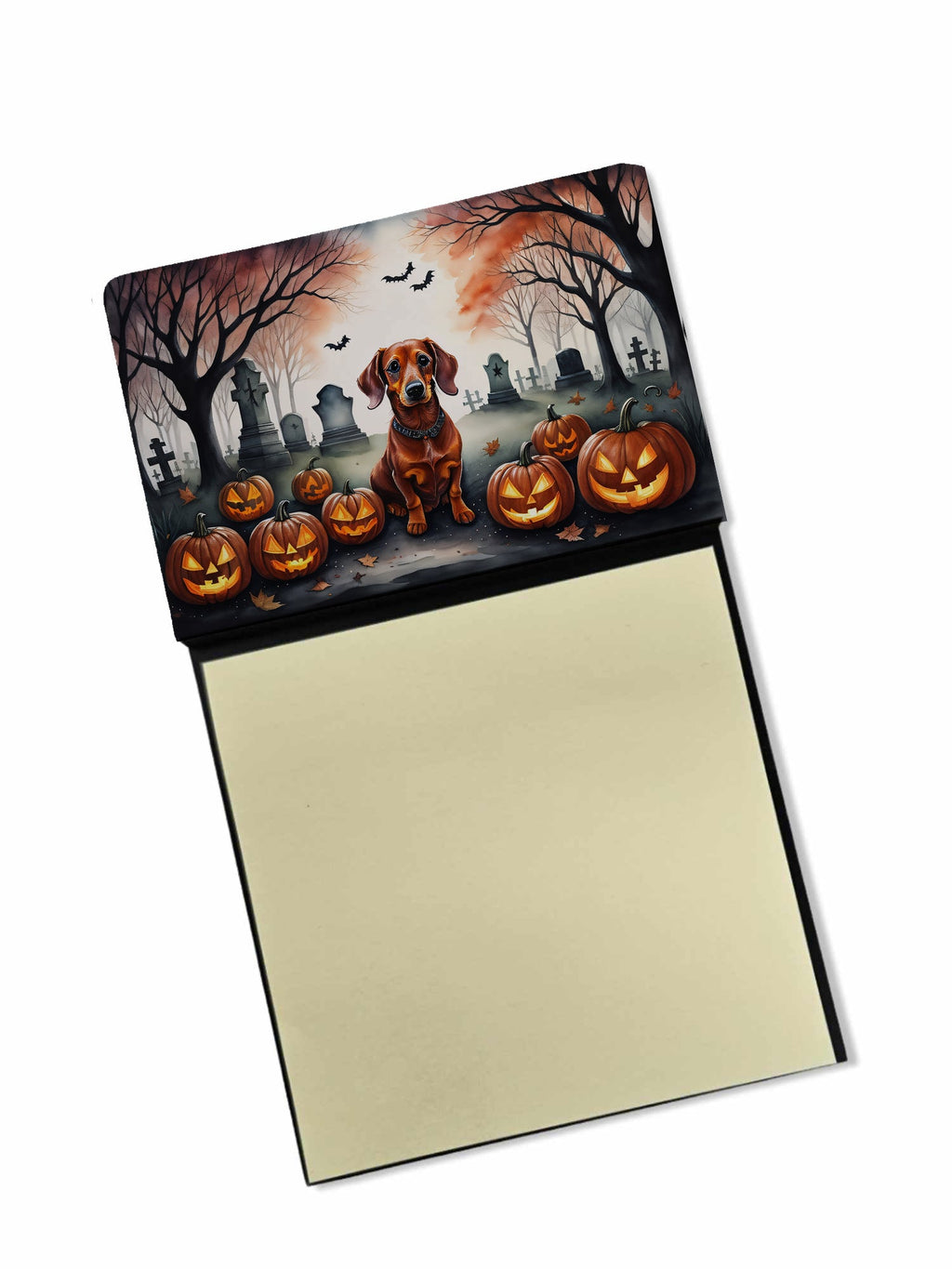 Dachshund Spooky Halloween Watercolor Sticky Note Holder Refillable Dispenser Desk Accessory 3x3 Pad Gift