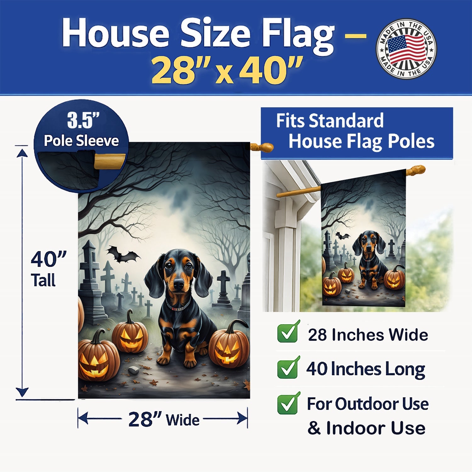Dachshund Spooky Halloween House Flag 28x40 Porch Sleeve Pole Decorative Outside Yard Banner Artwork Wall Hanging, Polyester