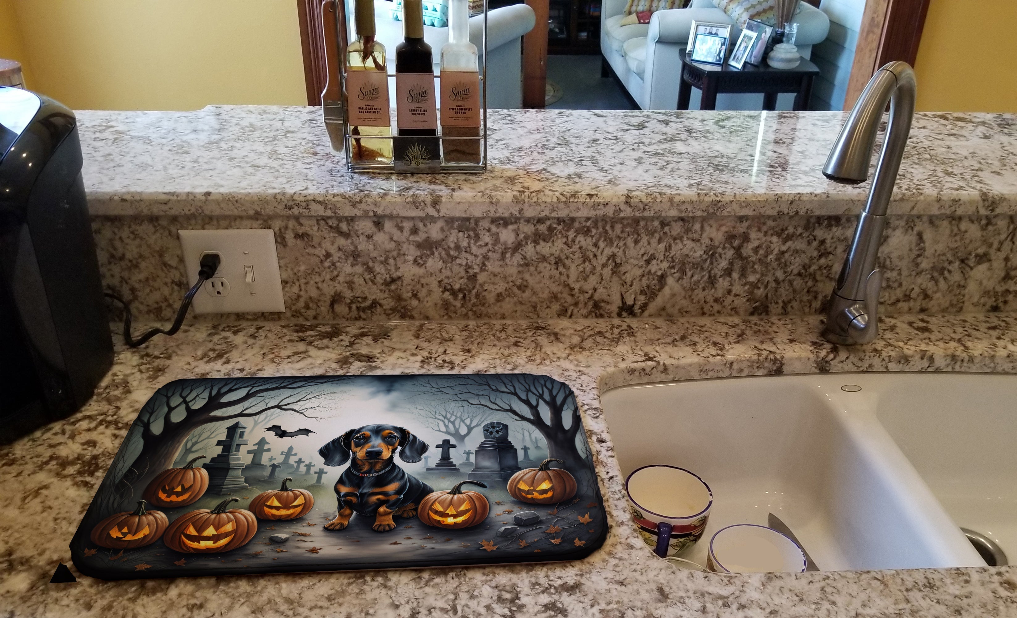 Dachshund Spooky Halloween Dish Drying Mat Absorbent Dish Drying Mat Pad for Kitchen Counter Dish Drainer Mat for Countertop, 14 x 21", Multicolor