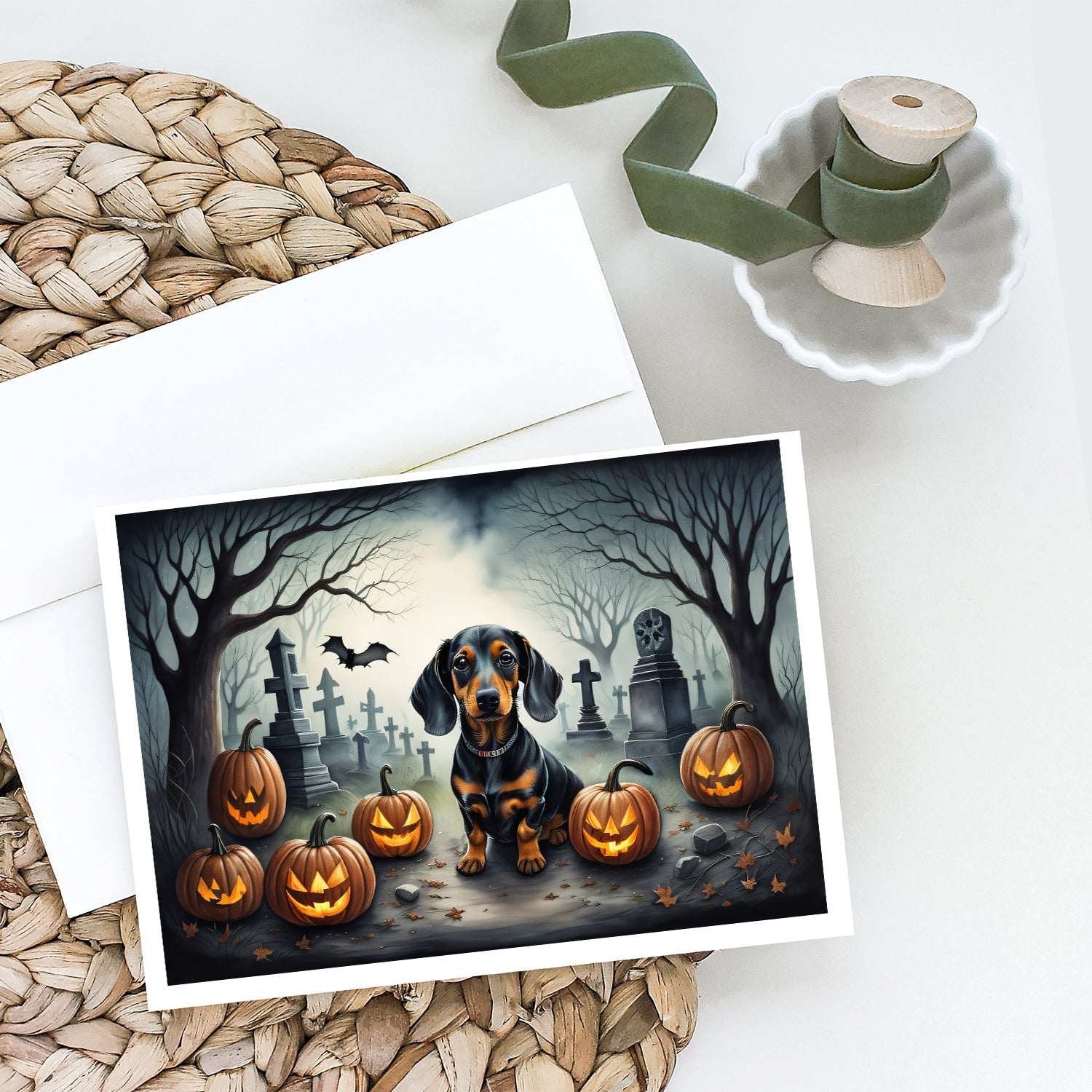 Dachshund Spooky Halloween Greeting Cards Pack of 8 Blank Cards with Envelopes Whimsical A7 Size 5x7
