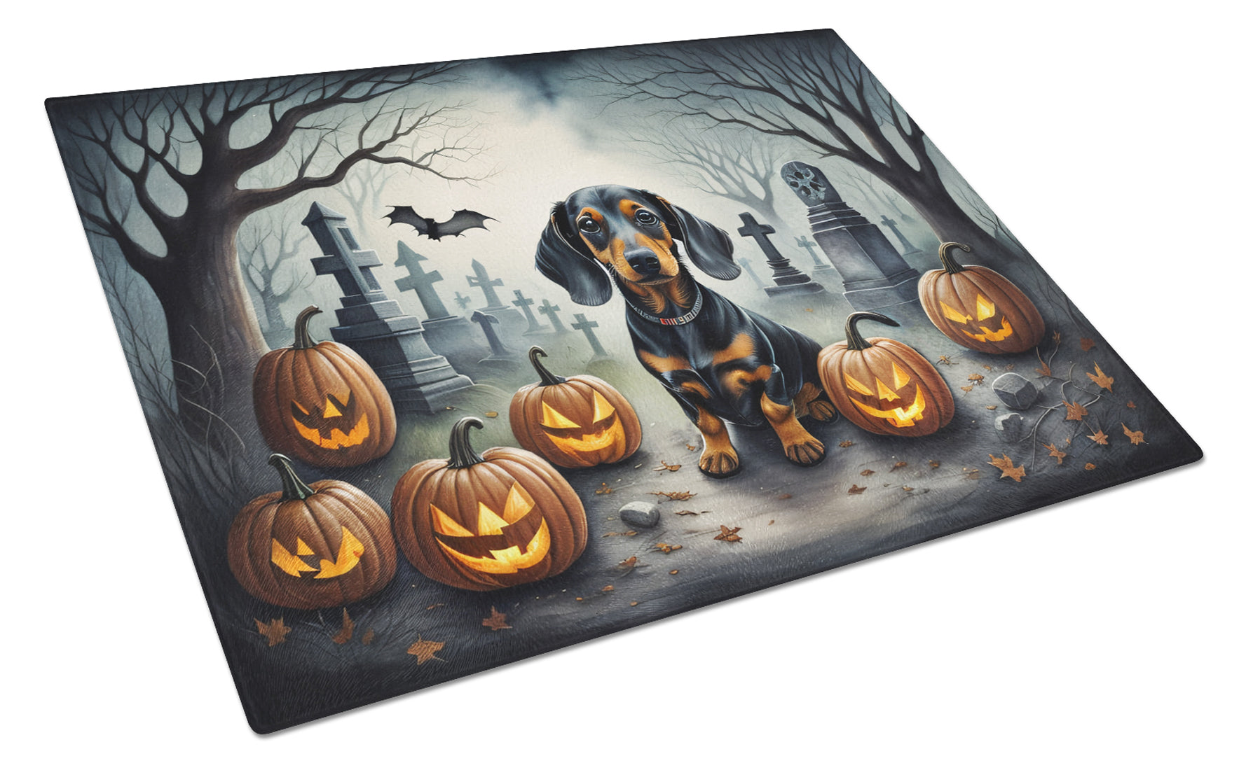 Dachshund Spooky Halloween Cutting Board Tempered Glass Kitchen Cutting Surface, Heat Resistant Chopping, Non-Slip Feet, Food Prep & Serving