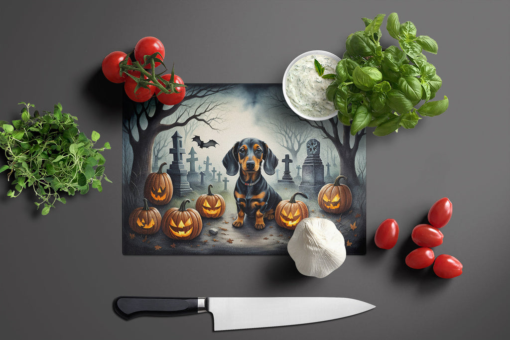 Dachshund Spooky Halloween Cutting Board Tempered Glass Kitchen Cutting Surface, Heat Resistant Chopping, Non-Slip Feet, Food Prep & Serving