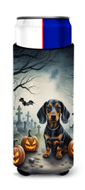 Dachshund Spooky Halloween Slim Can Hugger , Insulated Foam Hugger for 12 oz Slim Cans, Beer Bottles & Water Bottles, Printed in USA