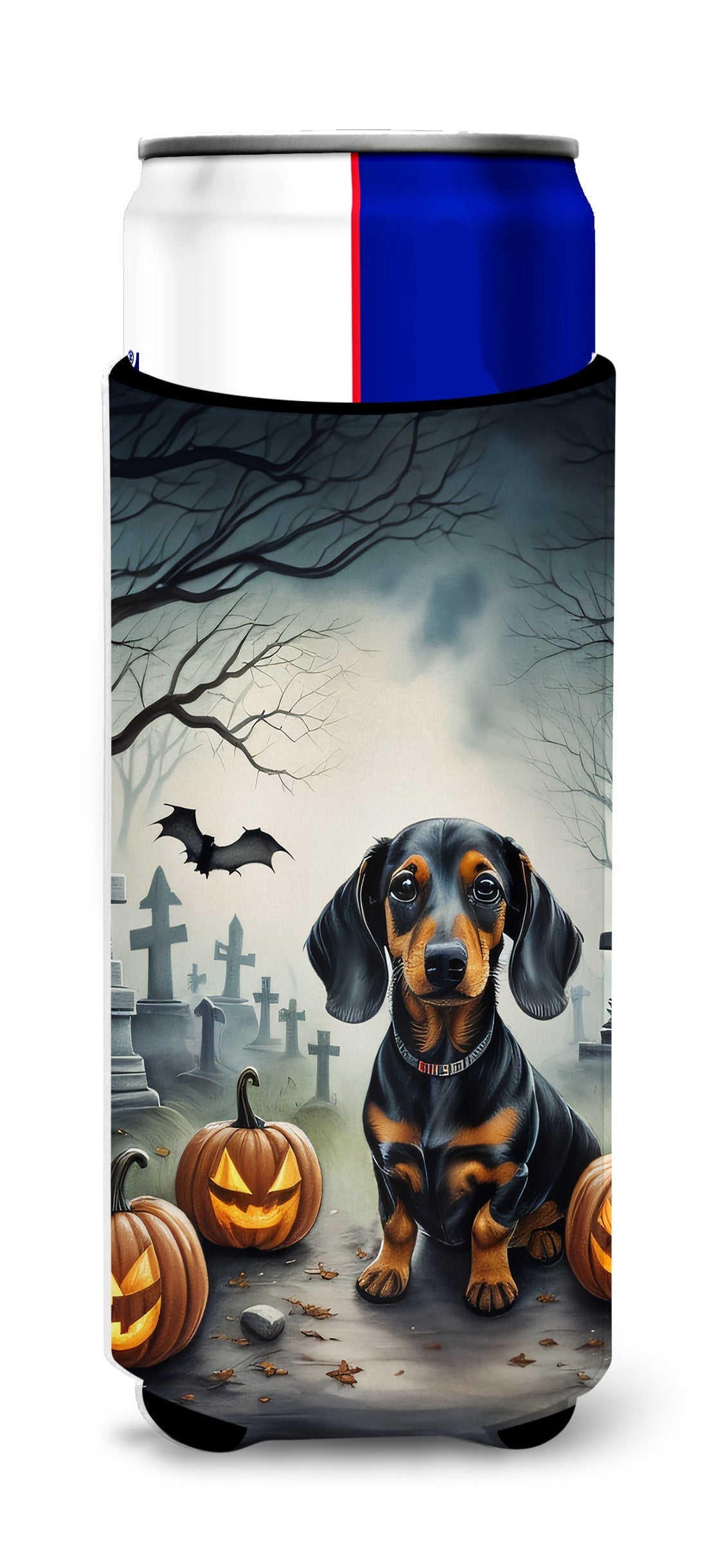 Dachshund Spooky Halloween Slim Can Hugger , Insulated Foam Hugger for 12 oz Slim Cans, Beer Bottles & Water Bottles, Printed in USA