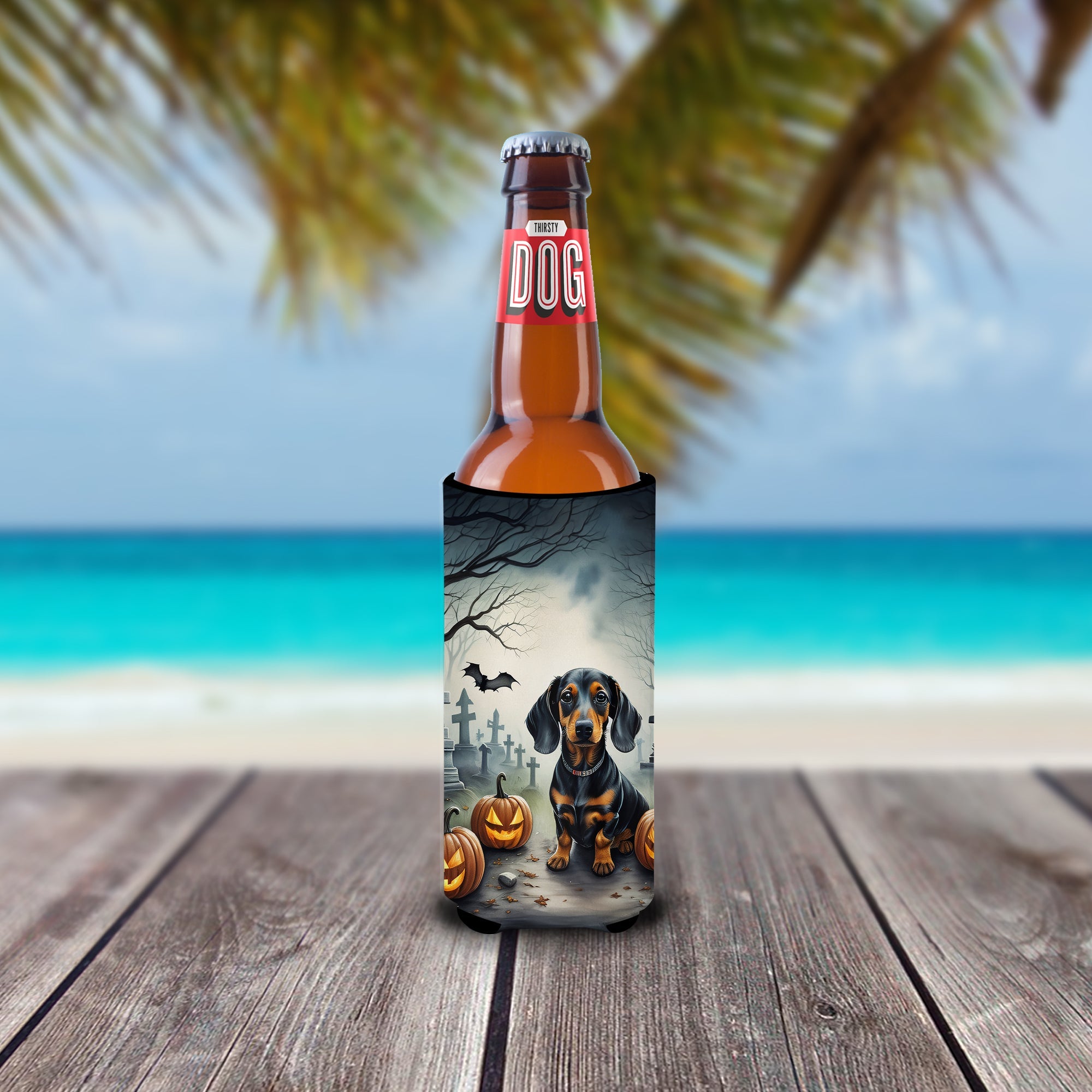 Dachshund Spooky Halloween Slim Can Hugger , Insulated Foam Hugger for 12 oz Slim Cans, Beer Bottles & Water Bottles, Printed in USA