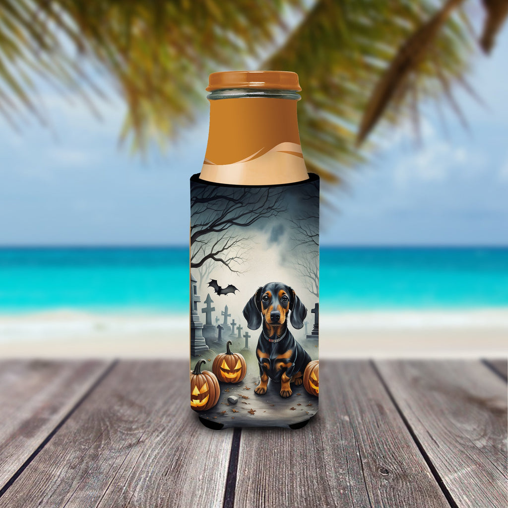 Dachshund Spooky Halloween Slim Can Hugger , Insulated Foam Hugger for 12 oz Slim Cans, Beer Bottles & Water Bottles, Printed in USA