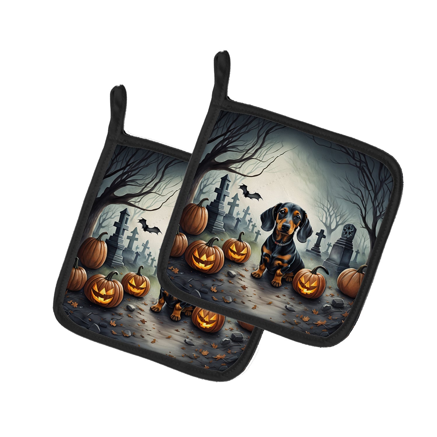 Dachshund Spooky Halloween Pot Holder Set of 2 Heat Resistant Quilted Hot Pads 7.5 x 7.5 Inch, Insulated Kitchen Trivets for Cooking & Baking