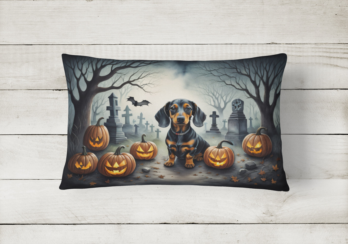 Dachshund Spooky Halloween Decorative Throw Pillow 12x16 Indoor Outdoor Accent Cushion, Fabric Cover with Insert for Sofa, Bed, Porch & Living Room