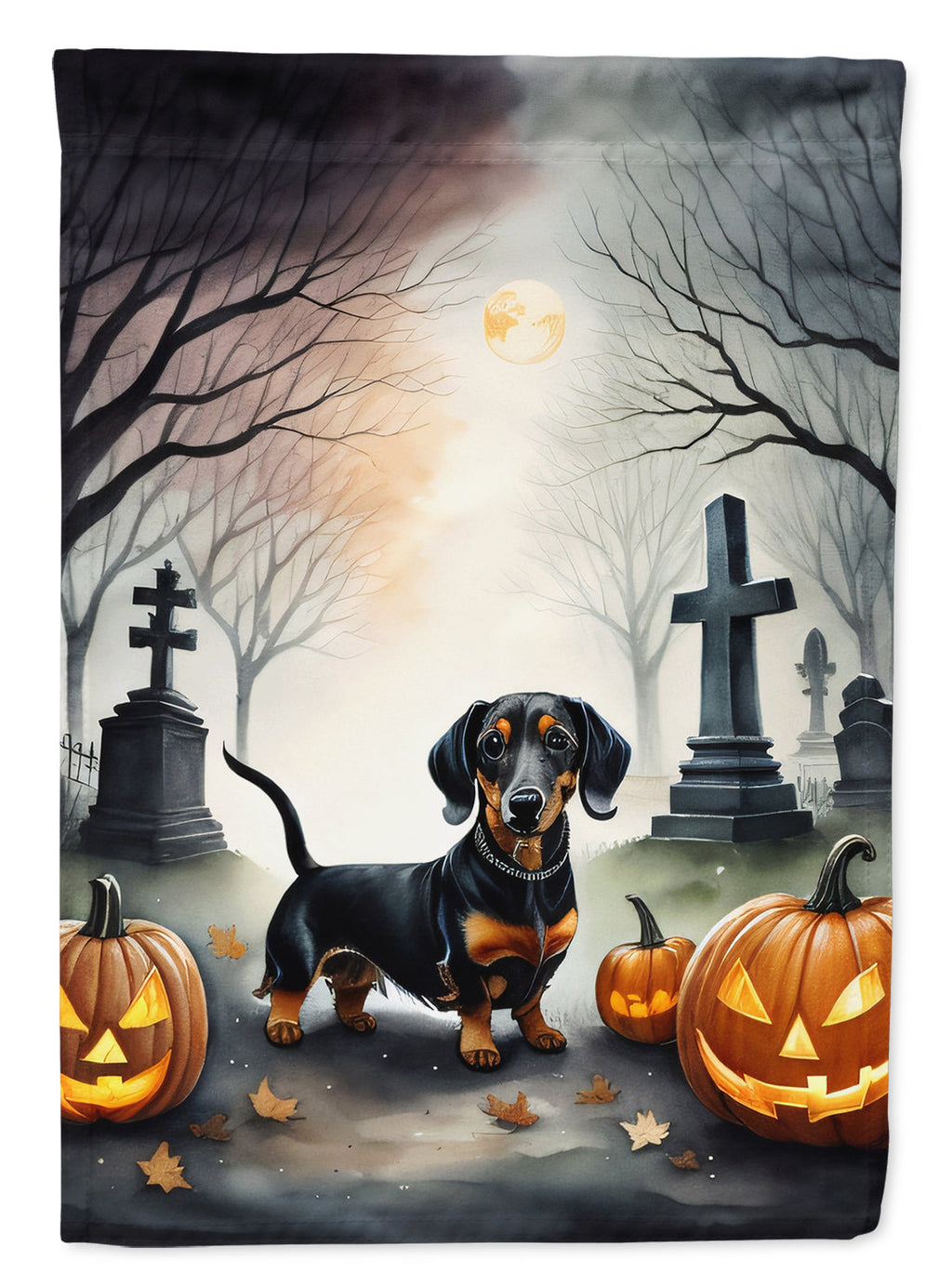 Dachshund Spooky Halloween House Flag 28x40 Porch Sleeve Pole Decorative Outside Yard Banner Artwork Wall Hanging, Polyester