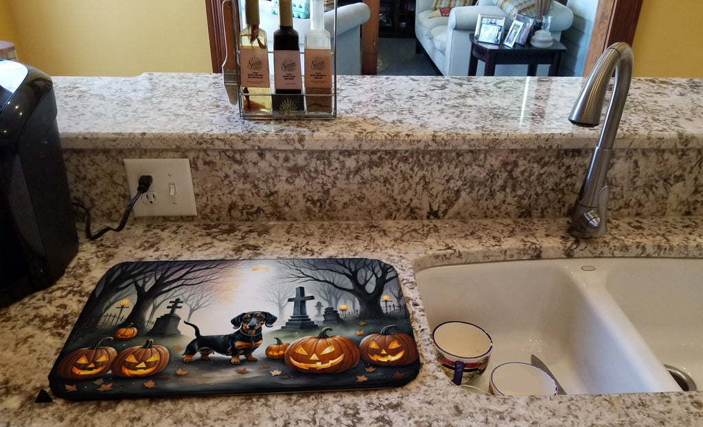 Dachshund Spooky Halloween Dish Drying Mat Absorbent Dish Drying Mat Pad for Kitchen Counter Dish Drainer Mat for Countertop, 14 x 21", Multicolor