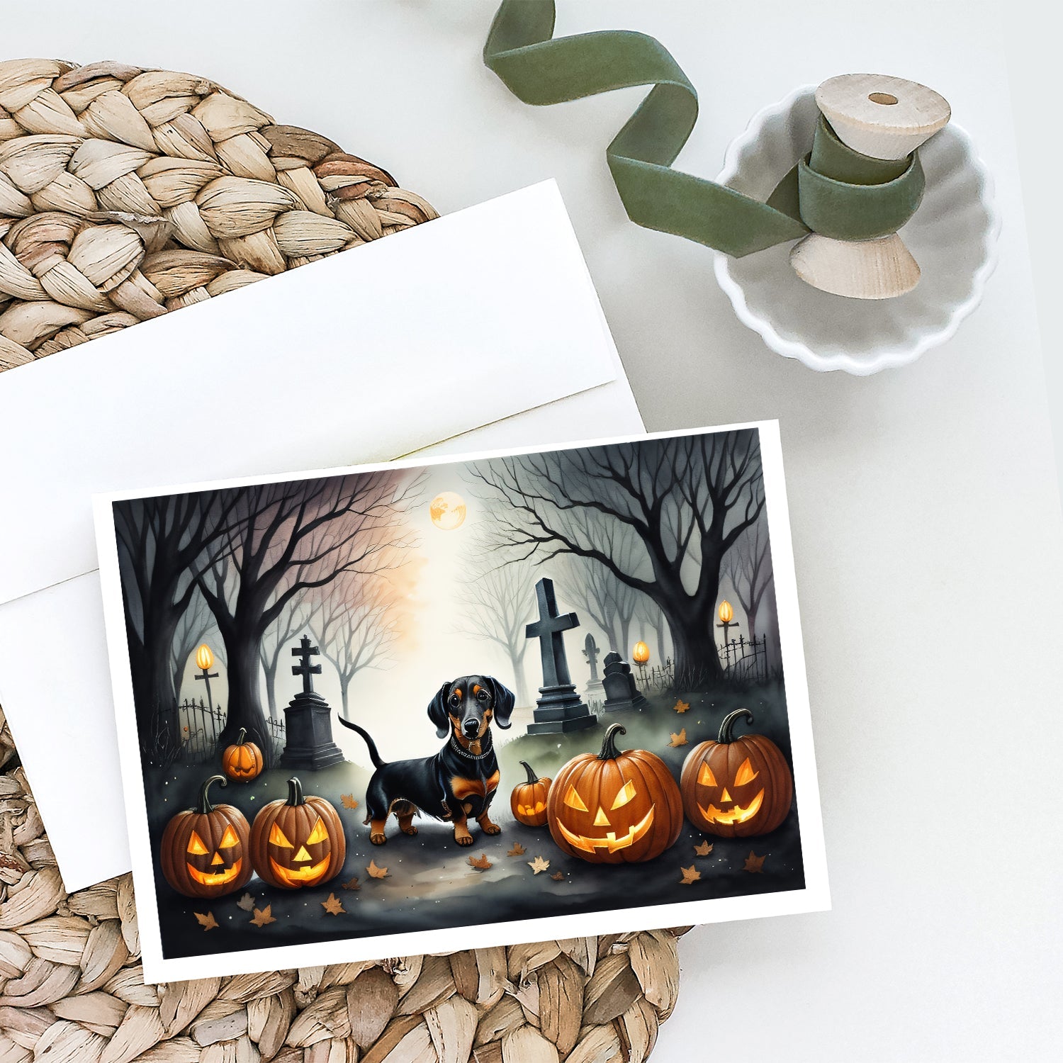 Dachshund Spooky Halloween Greeting Cards Pack of 8 Blank Cards with Envelopes Whimsical A7 Size 5x7