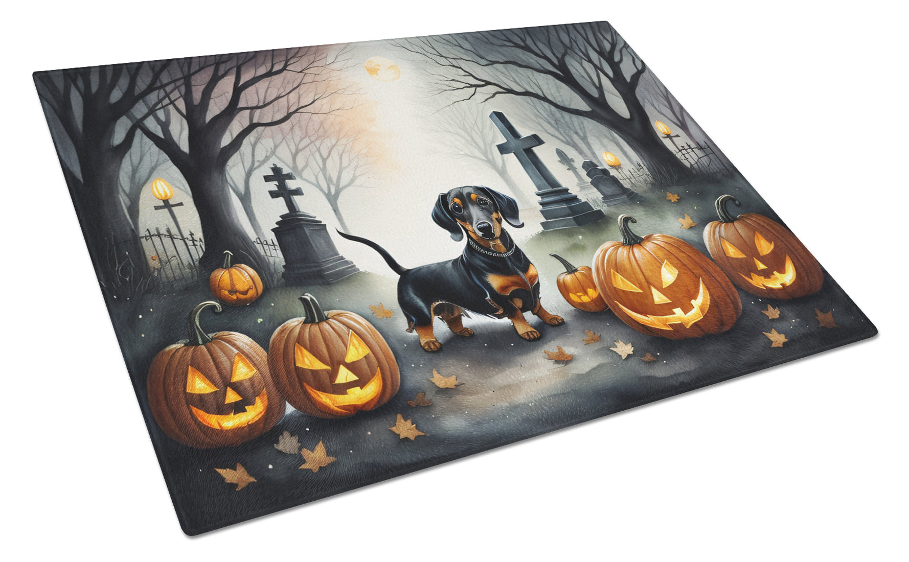 Dachshund Spooky Halloween Cutting Board Tempered Glass Kitchen Cutting Surface, Heat Resistant Chopping, Non-Slip Feet, Food Prep & Serving
