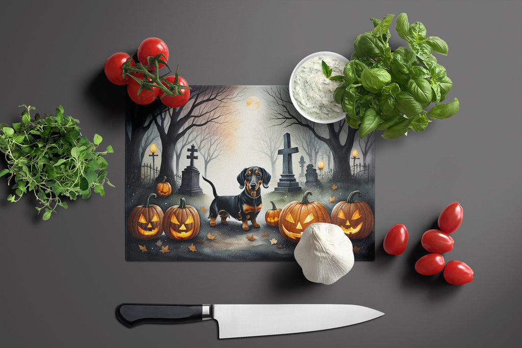 Dachshund Spooky Halloween Cutting Board Tempered Glass Kitchen Cutting Surface, Heat Resistant Chopping, Non-Slip Feet, Food Prep & Serving