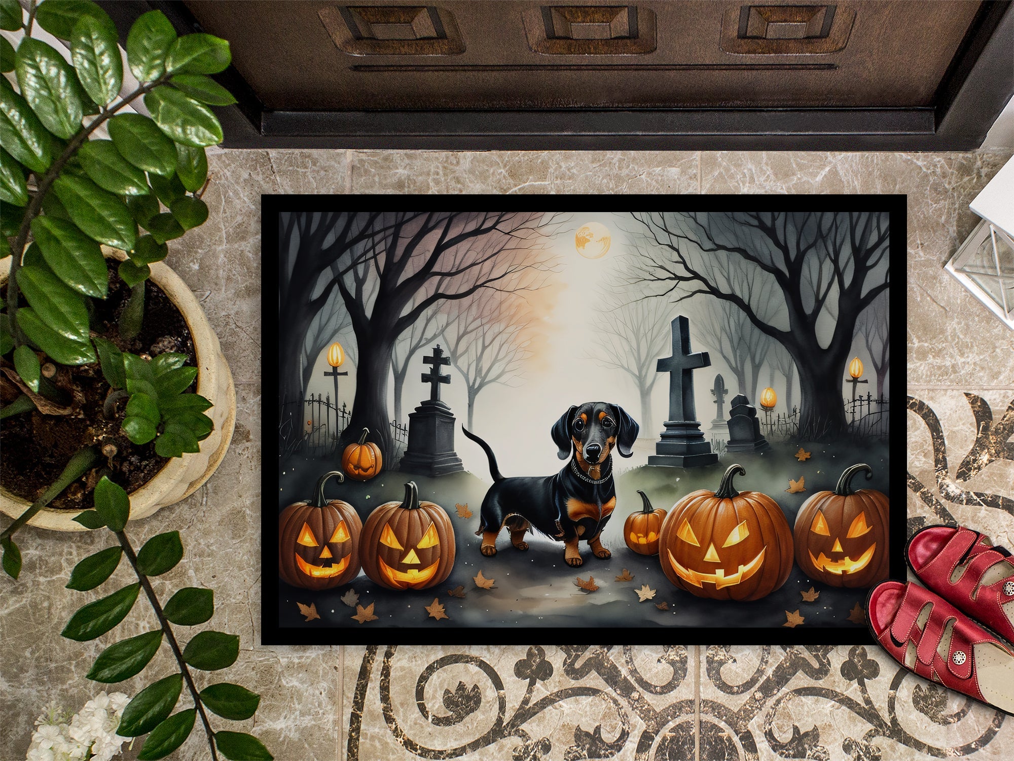 Dachshund Spooky Halloween Doormat Indoor Outdoor 18H X 27W Front Door Mat Rugs for Entryway, Non Slip Washable