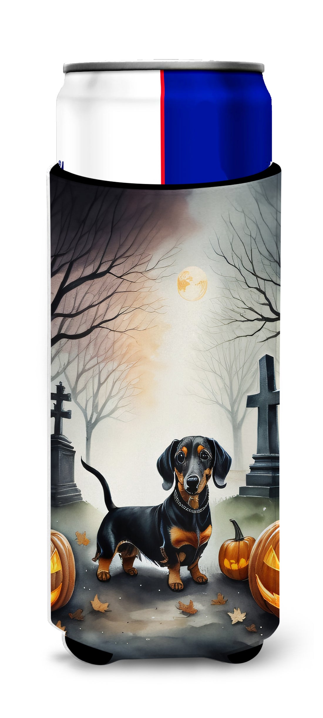 Dachshund Spooky Halloween Slim Can Hugger , Insulated Foam Hugger for 12 oz Slim Cans, Beer Bottles & Water Bottles, Printed in USA
