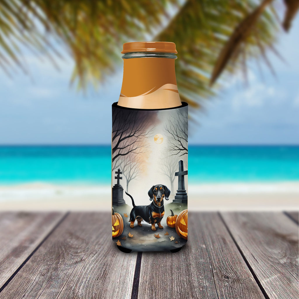 Dachshund Spooky Halloween Slim Can Hugger , Insulated Foam Hugger for 12 oz Slim Cans, Beer Bottles & Water Bottles, Printed in USA