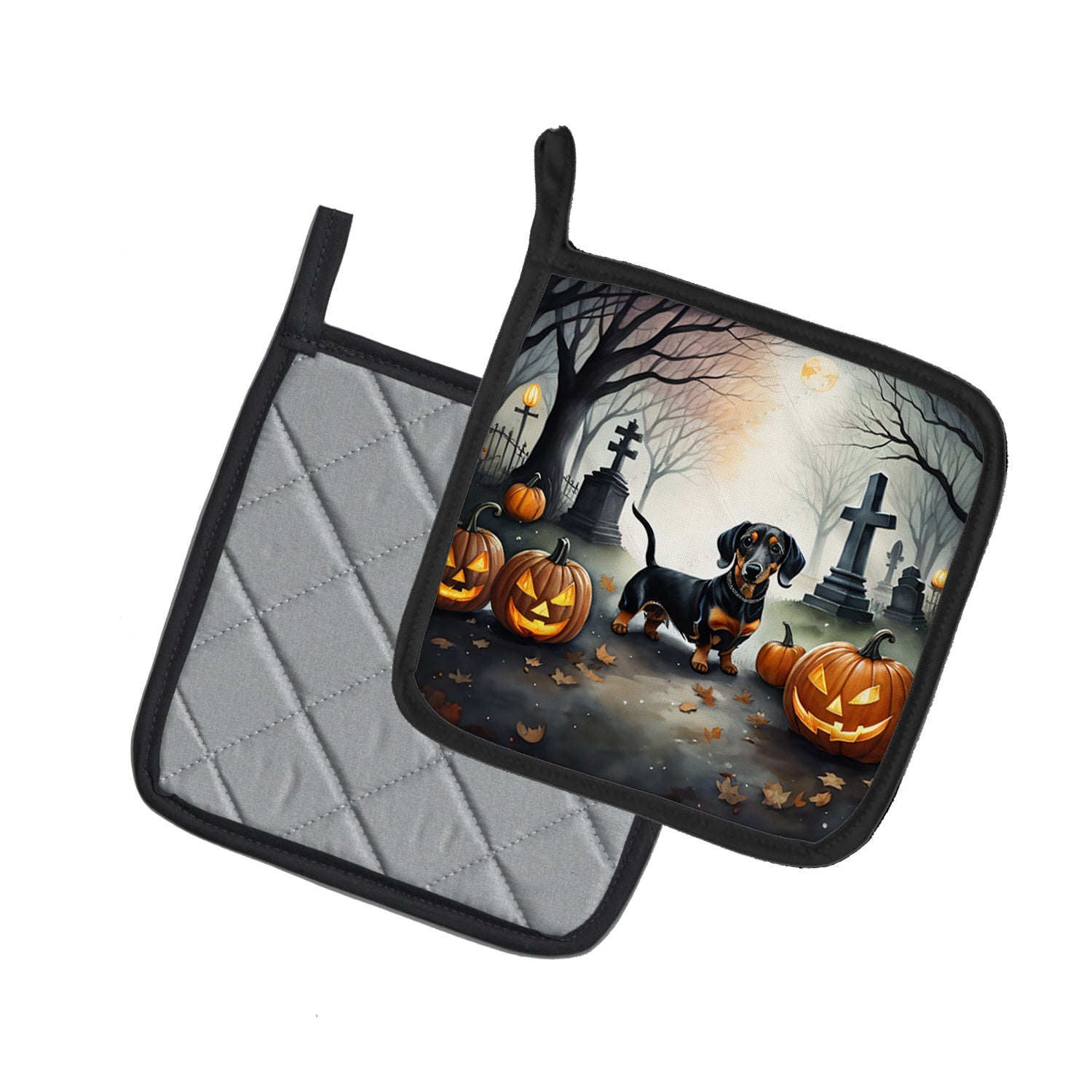 Dachshund Spooky Halloween Pot Holder Set of 2 Heat Resistant Quilted Hot Pads 7.5 x 7.5 Inch, Insulated Kitchen Trivets for Cooking & Baking