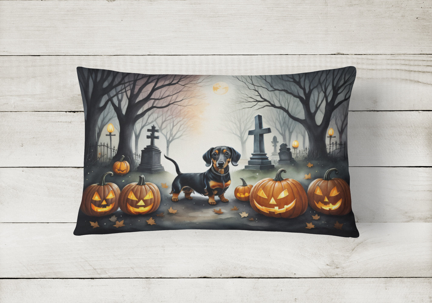 Dachshund Spooky Halloween Decorative Throw Pillow 12x16 Indoor Outdoor Accent Cushion, Fabric Cover with Insert for Sofa, Bed, Porch & Living Room